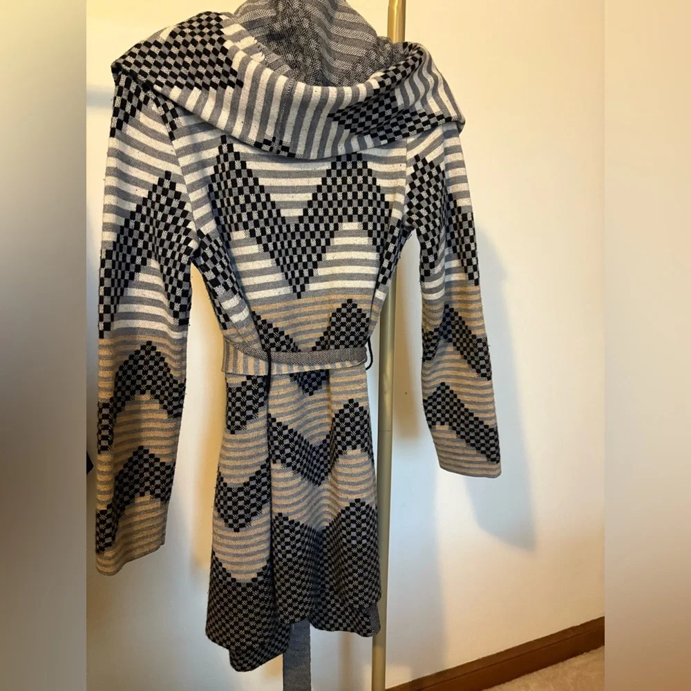 Striped Black, Gray and Tan Women's Wrap Sweater Coat - Picture 2 of 2